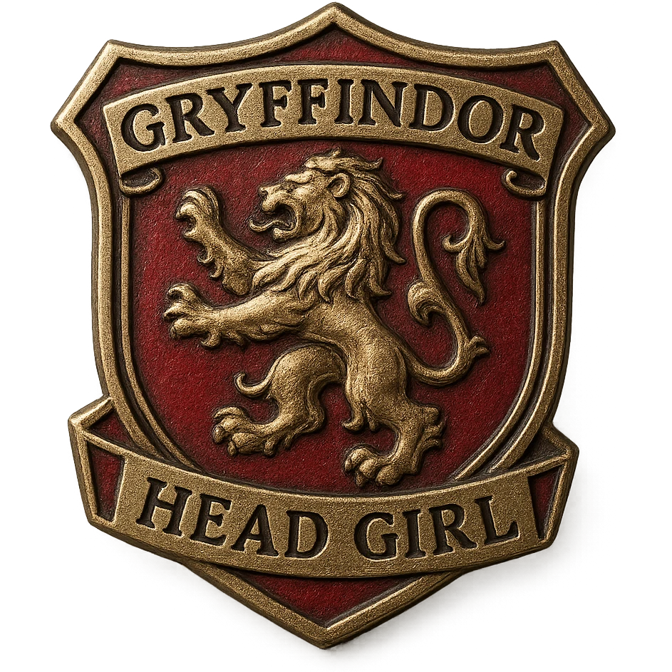 realistic metallic badge for Gryffindor head girl, with lion symbol, 'Head Girl' engraved, red and gold accents, no people, collectible pin style emoji