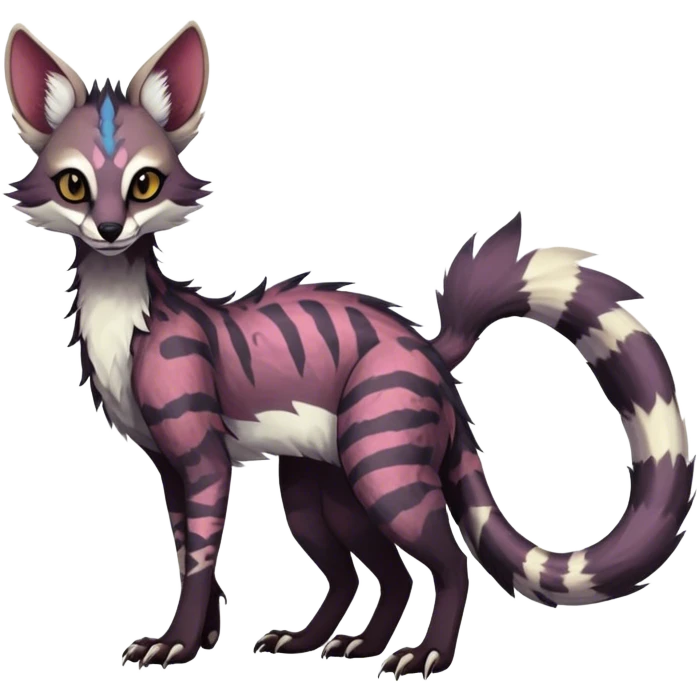 Feral Rare Fantasy dark colorful Vernid-Sergal-Genet-Trico-species by LiLaiRa, random markings, tufted tail, tufted ears, full body emoji
