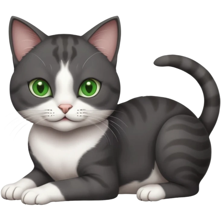 beautiful female solid dark grey cat with green eyes, white toes/paws and white patch on her chest rolling over emoji