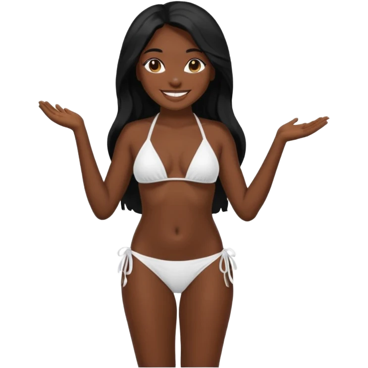 Dark black skin, african girl, long black hair, white bikini smiling, full body, posing emoji