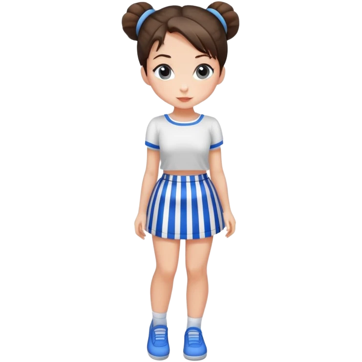 Pretty young brunette girl with only 1 bun in a vertical blue and white striped miniskirt emoji
