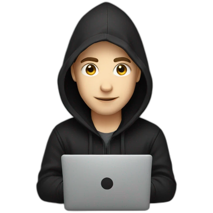Young white developer with a black hood behind his laptop emoji