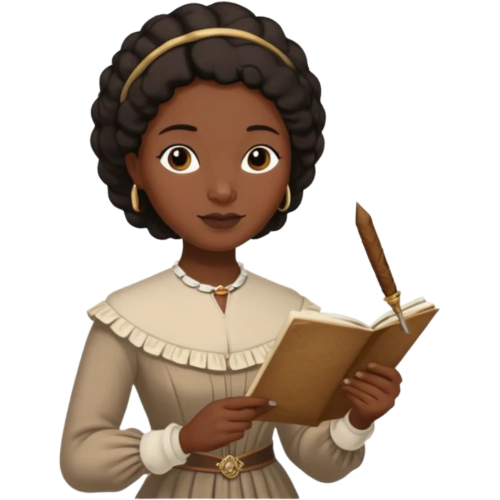 Jane austin writing with a quill in hand, make her black emoji