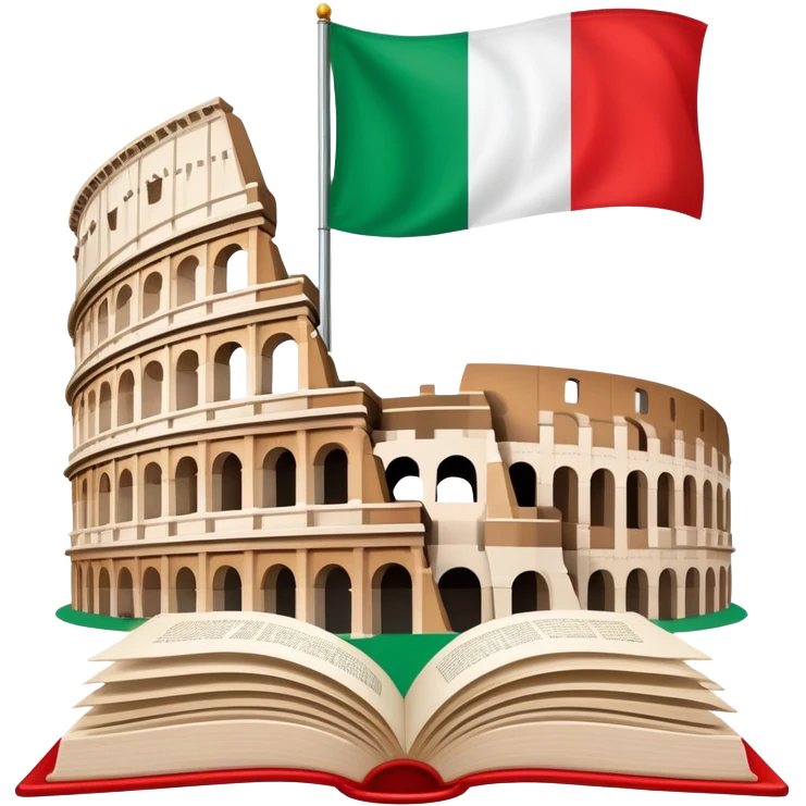 An icon featuring the Colosseum and the flag of Italy, symbolizing the Italian language. The design includes an open book with Italian phrases, representing language learning and cultural heritage. Transparent background emoji