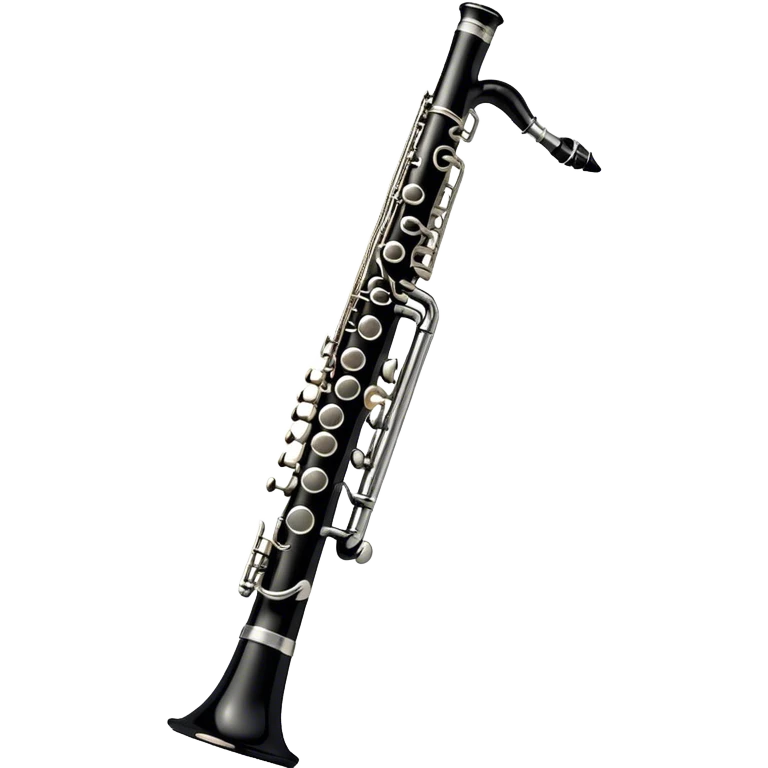 Create a sleek and professional emoji representing a black standard clarinet. The design should feature a smooth, glossy black body of the clarinet with shiny, silver keys clearly visible. Highlight the intricate details of the mouthpiece and reed at the top, while the body of the instrument should remain simple and elegant. Add subtle musical notes or soundwaves floating around the instrument to symbolize its clear, melodic sound. Use black for the body, silver for the keys, and soft lighting effects to give the instrument a polished, sophisticated look. The background should be transparent. emoji