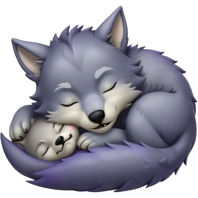 Meme-Worthy Cute Sleeping Werewolf Portrait Emoji, with a cuddly, miniature lupine form in soft moonlit grays and silvers, head resting peacefully with gently closed dreamy eyes and a small, content smile, simplified yet irresistibly endearing, highly detailed with a soft glowing outline that captures the cozy, sleepy essence of a werewolf after frolicking under the full moon! emoji