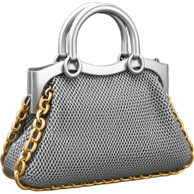 3D render of Mesh Purse, made of interlocking chainmail metal rings, wire mesh texture, visible holes and negative space, metallic silver and grey, high contrast shadows, Apple emoji style, isolated on white background --v 6.0. emoji