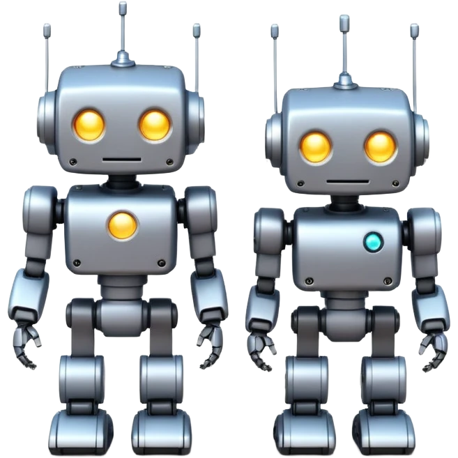 Two cute mini pixel-art robots standing side by side, slightly leaning toward each other in a friendly pose, shoulder to shoulder, soft friendly f pixels between robots, cinematic space backfi atmosphere, volumetric lighting, soft bloom effect, high detail, ultra clean render, centered  emoji