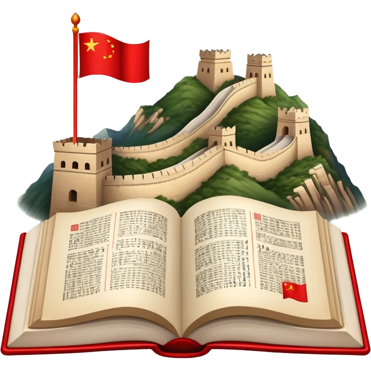 An icon featuring the Great Wall of China and the flag of China, symbolizing the Chinese language. The design includes an open book with Chinese characters and a red lantern, representing language learning and rich cultural tradition. Transparent background highlights the depth of Chinese heritage. emoji