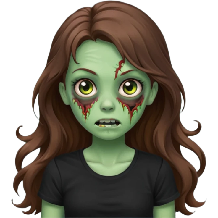 crie uma garotazoombie cabelo ondulado 2c longo castanho castanho comprido e blusa básica preta sem nada com pele esverdeada com rosto fofo  emoji