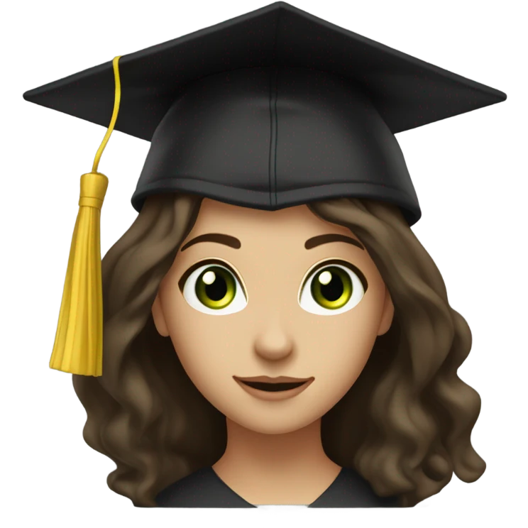 An emoji representing a brunette girl with green eyes and long, slightly wavy hair. She wears a black graduation cap on her head, symbolizing academic success. Her expression is soft and proud. emoji