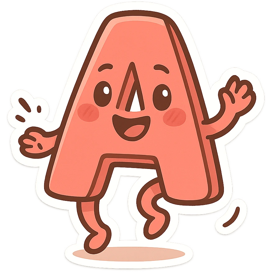 letter A with funny facial expression, dancing, cartoon style, transparent background emoji