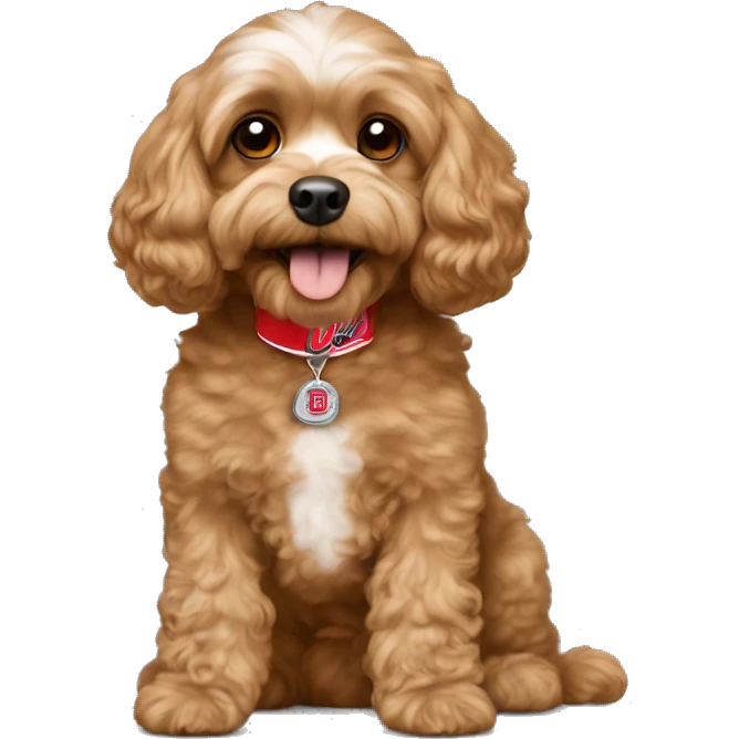 Tan cavapoo with Ohio state emoji
