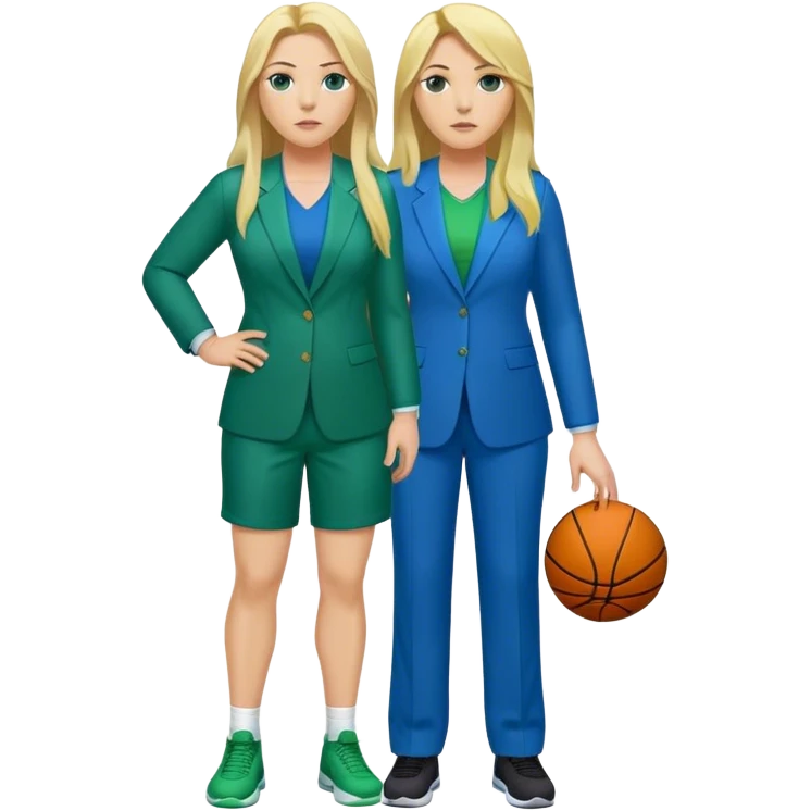 Full Body white plus size female basketball head coach with long blonde hair in a blue and green suit emoji