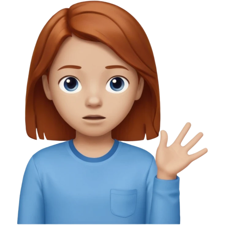 shrugging emoji tween auburn hair light blue shirt with a darker blue L emoji