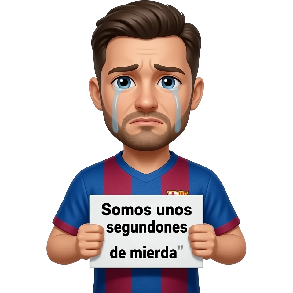 Hazme una persona llorando con la camiseta del Barsa sosteniendo un cartel que ponga en Español: Somos unos segundones de mierda. emoji