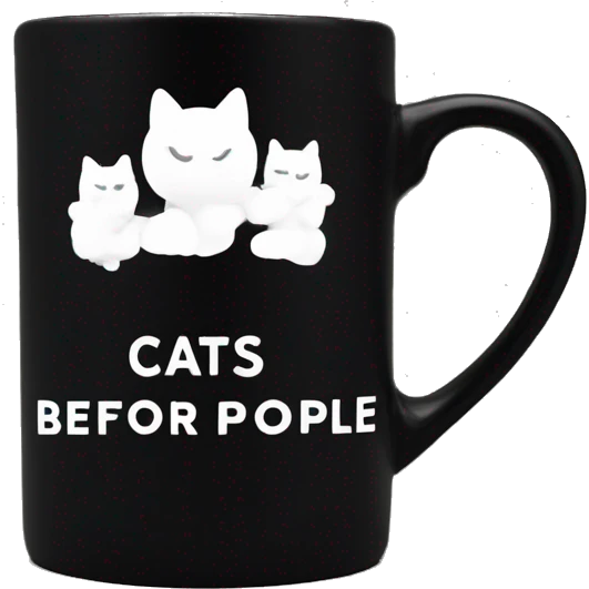 Black coffee mug with writing in white that says cats before people emoji