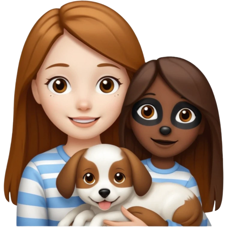 girl with white skin, brown eyes, long straight brown hair, holding a white dog with a black face, stripe down the middle, and brown and caramel brown spots on the sides of the mouth emoji