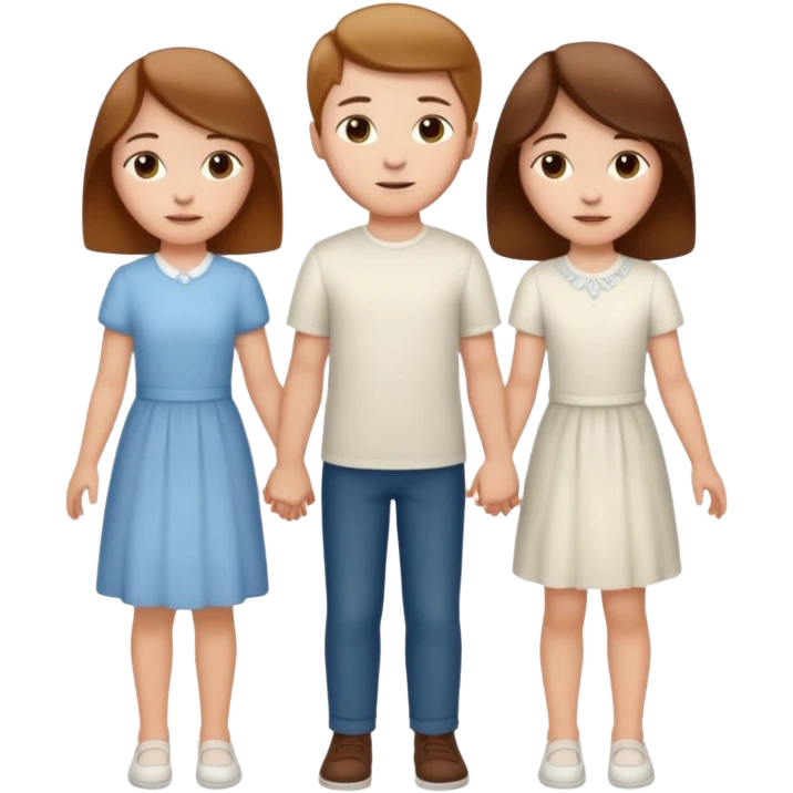 Two white sisters and a white brother with brown hair holding hands emoji