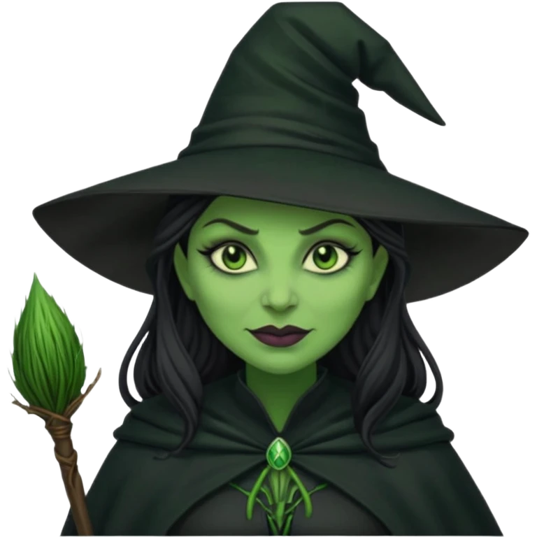 elphaba wicked witch with broom close up, evil dark coily long dark hair, green skin, thick green lips, cheekbones, smirk evil menacing cythia erivo dark aesthetic black hat cloak o emoji