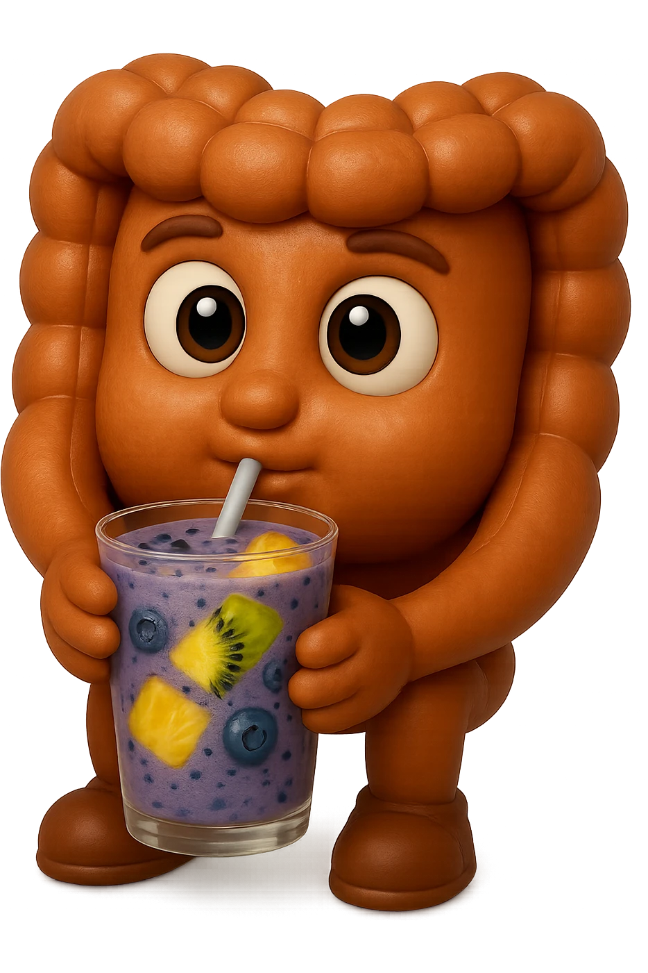 EMOJI STILE IPHONE DI un intestino umano anatomico che beve un frullato di mirtilli, ananas, kiwi, fagli anche la parte bianca degli occhi, non solo le pupille, REALISTICo 4K emoji