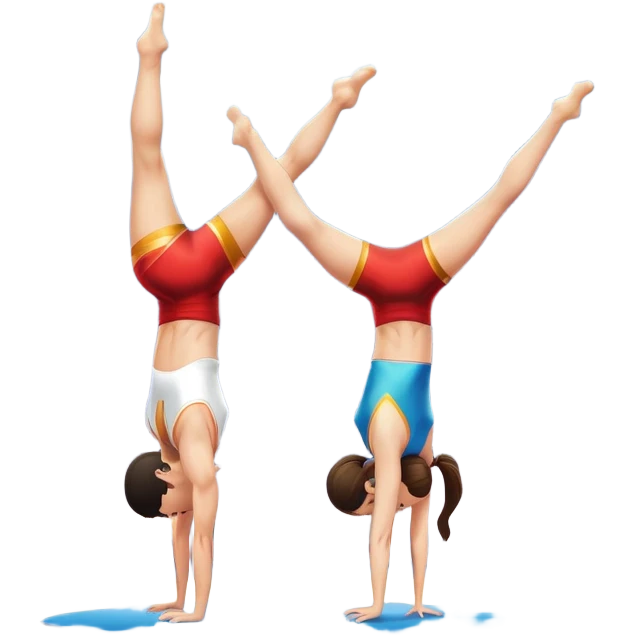 A skilled acrobat performing a handstand with perfect balance, while another acrobat gracefully flips in the air, showcasing their strength and precision. The background features a large gymnasium with bright lights and cheering audience, symbolizing adult acrobatics as a coordinated sport. emoji