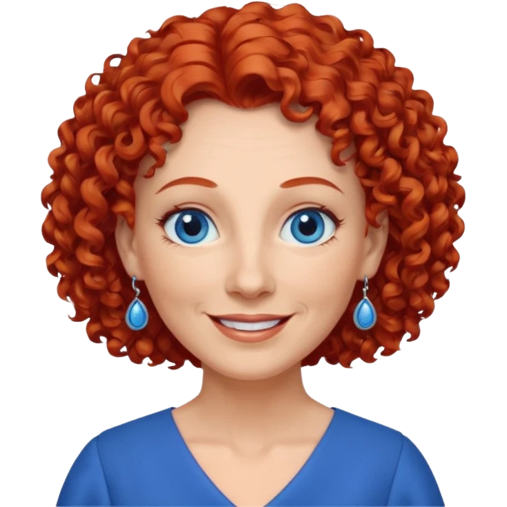 una profesora mayor simpática con el pelo rojo rizado, ojos azules, vestido azul y pendientes azules hablando emoji
