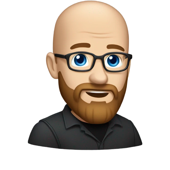 Bald, Caucasian, sky-blue-eyed, Psychotherapist in a modern colorful chair. He has a brown full beard and he’s Wearing a black dress shirt with a subtle pattern, blue jeans and black Chelsea boots with his legs separted leaning forward grey in goatee emoji