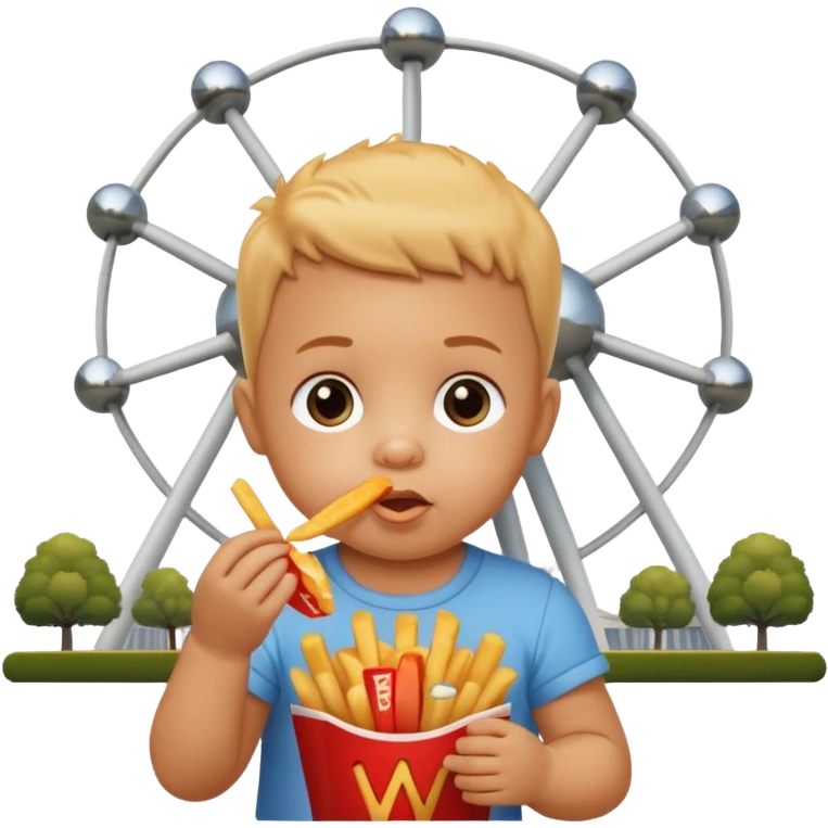 Transformer cette personne en bébé  occuper à  manger des fritte a bruxelles, devant latomium emoji