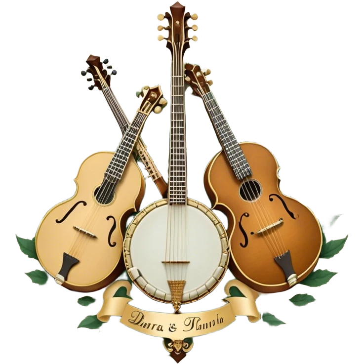 Create an intricate, festive, and emblematic emoji symbolizing plucked string instruments. The design should resemble a regal crest, featuring instruments like a banjo, mandolin, domra, sitar, and other plucked strings, arranged symmetrically in an ornate composition. Their necks and strings should elegantly intertwine with a flowing ribbon of musical notes, wrapping gracefully around the instruments. The overall shape should be grand and balanced, evoking a sense of tradition and celebration. Use a rich and refined color palette with gold, deep mahogany, and vibrant accents, adding intricate wood textures, decorative inlays, and metallic tuning pegs for a professional, polished look. The background should be transparent, making the emblem stand out as an independent artistic mark emoji