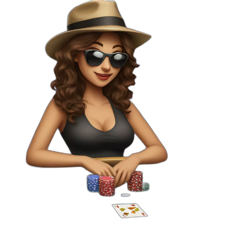 female with dark sunglasses brown wavy hair playing poker with a poker dealer hat emoji