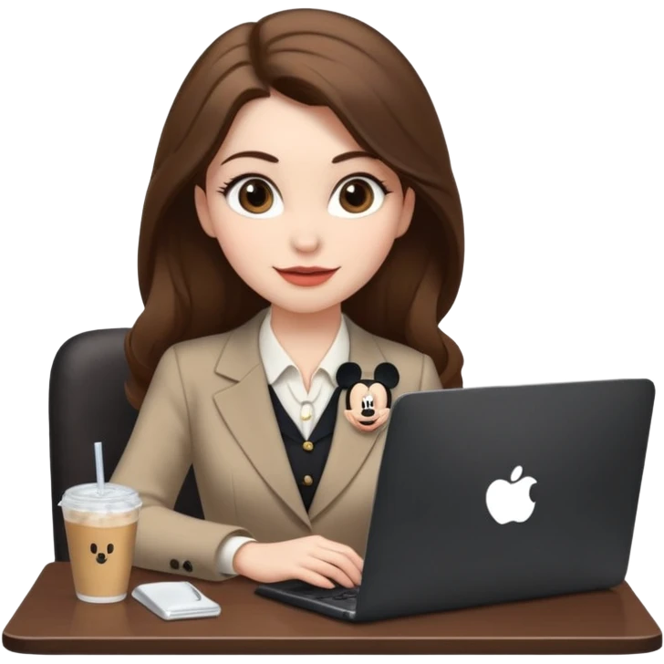 Women in front of one laptop that has a Mickey sticker on it, with a happy face, face a little fuller, lips plump, full eyebrows, long brown hair, light brown big eyes, light pale skin with a iced coffee on the side, business attire, who is typing emoji