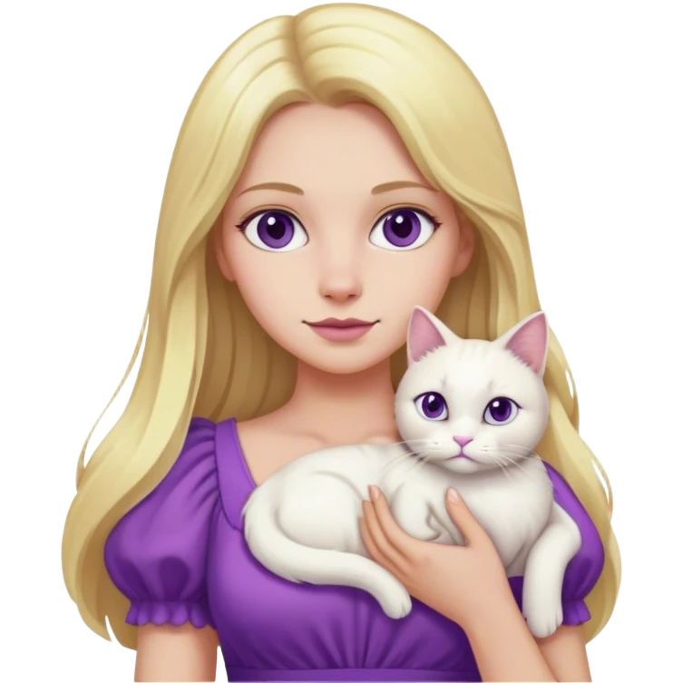 ผู้หญิงใส่ชุดกระโปรงถือแมวสีขาว ชุดกระโปรงสีม่วงไว้ผมยาวสีบอล emoji