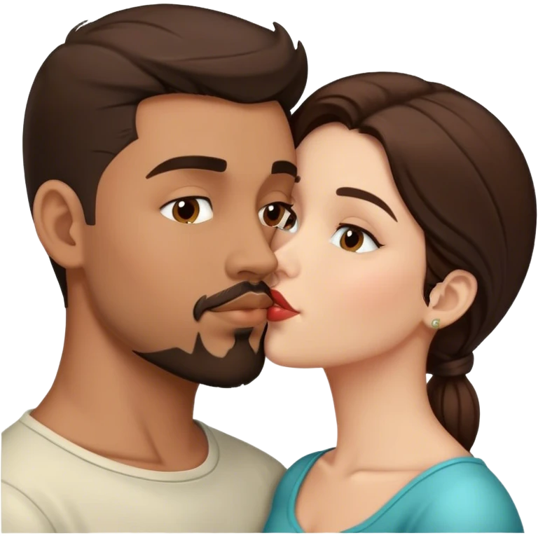 Intimate sfw kiss between brown Latino male with goatee and white brunette lover emoji