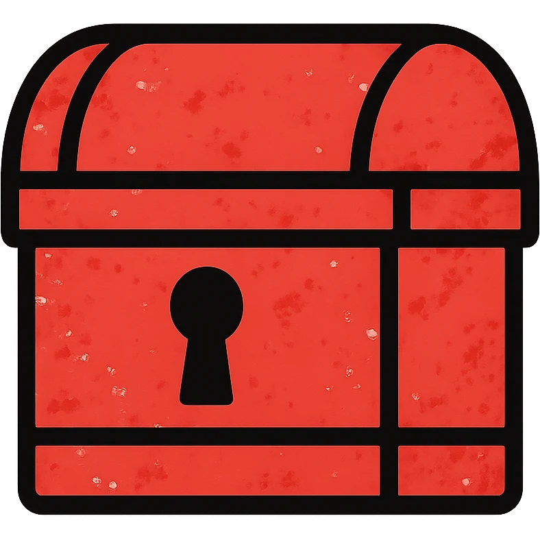 a minimalist red treasure chest with more red elements than before, some transparent areas still visible but with increased red coverage, weathered edges and distressed look, roughly 70% red and 30% transparent emoji