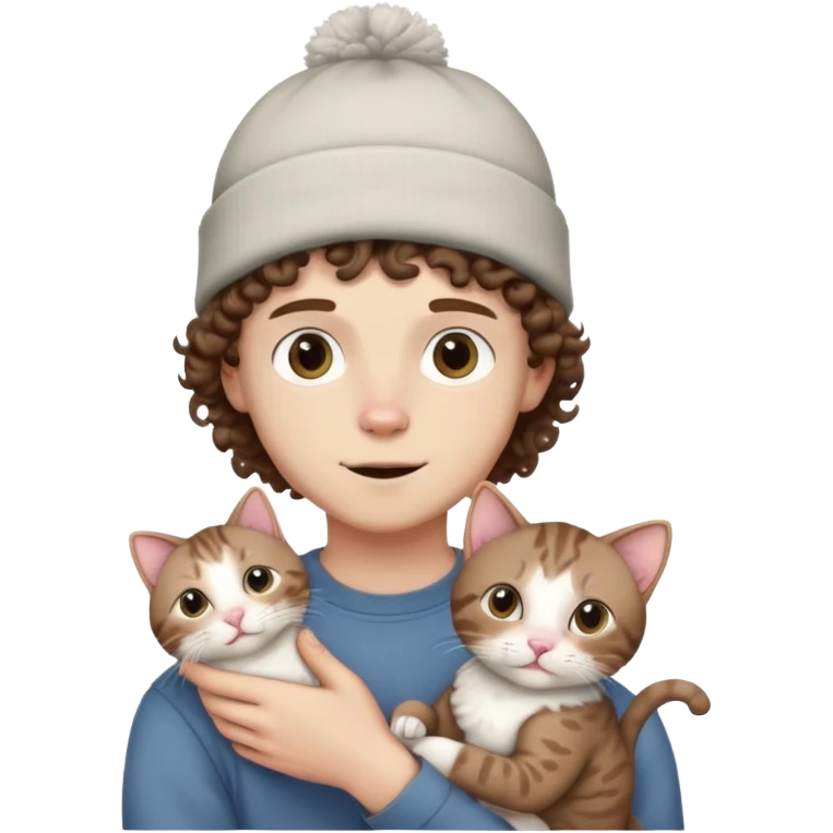 a pale boy with shoulder length curly brown hair with a beanie on holding a hairless cat emoji