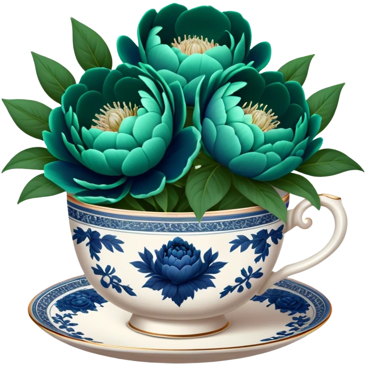 A charming composition of a vintage teacup with an intricate emerald green design, placed beside a bouquet of navy blue peonies. emoji