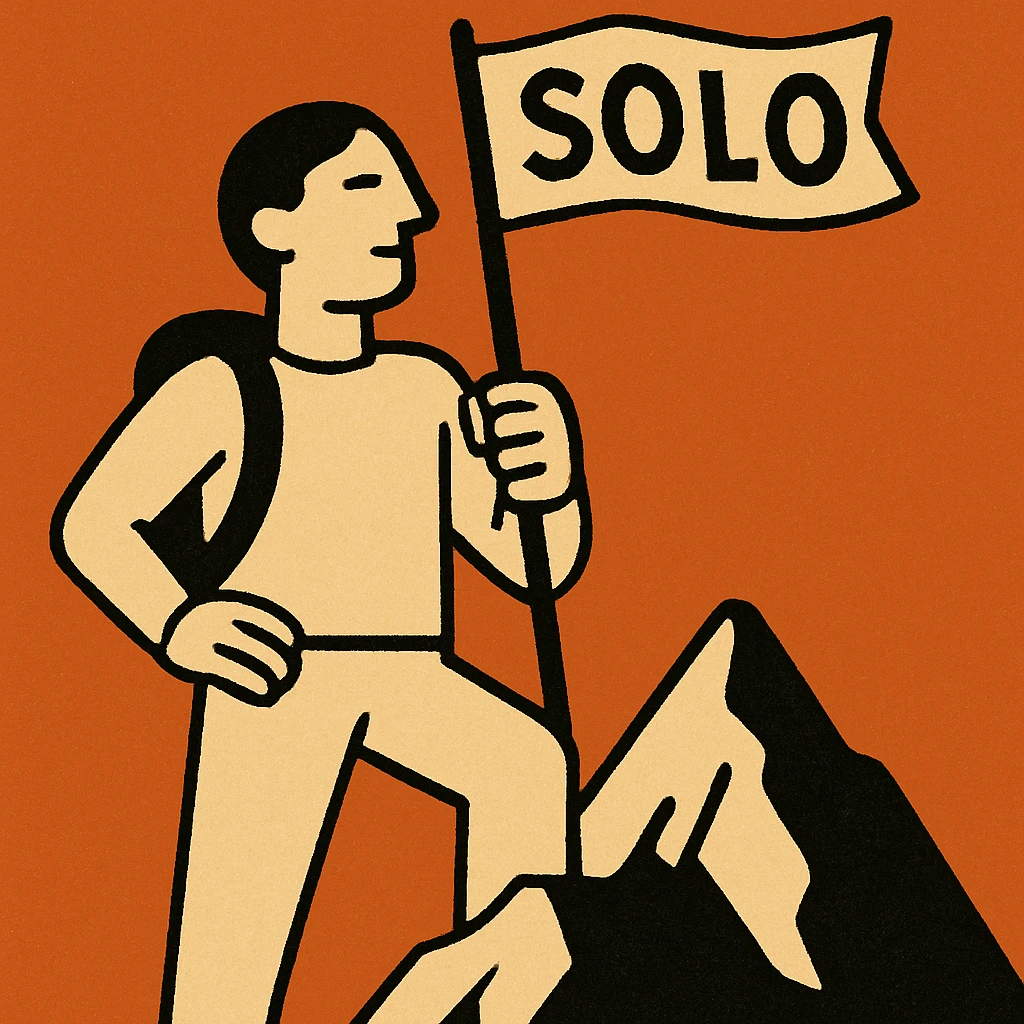 a person standing on top of a mountain holding a flag labeled 'Solo', symbolizing achievement and independence, bold inspiring style emoji