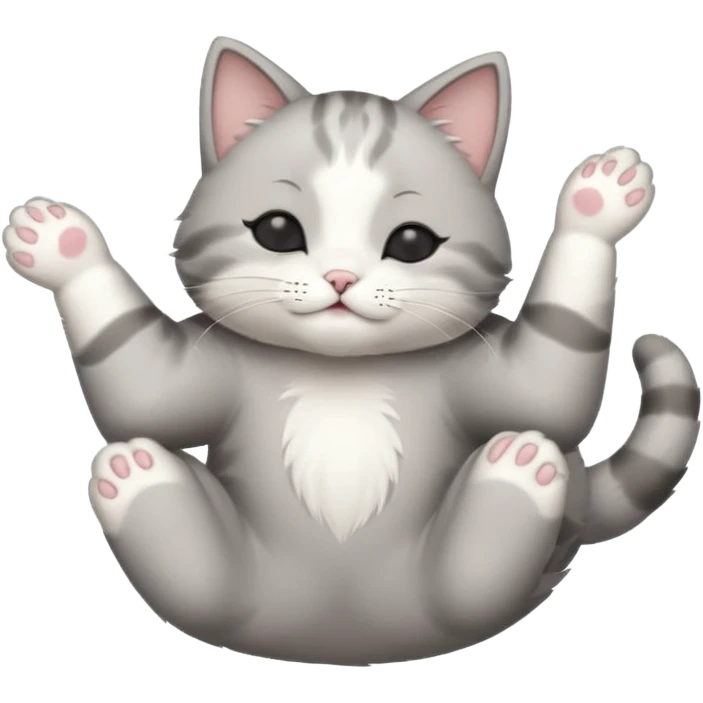 grey and white small cat with eyes closed lying down upside down with paws stretched out straight in different directions emoji
