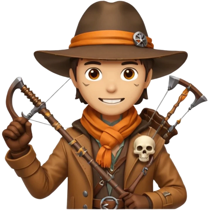 male human monster hunter emoji, wearing brown leather coat and wide hat, holding crossbow, with amulet shaped like skull, Halloween fantasy theme, confident smile, orange scarf, Apple emoji style, clean white background, square image emoji