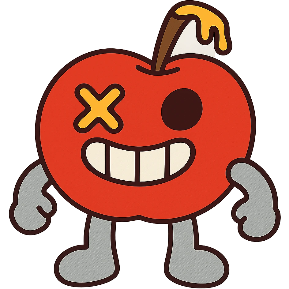 plush apple character with light grey limbs, left eye is an X, ichor coming out of stem without leaf, wide grin emoji
