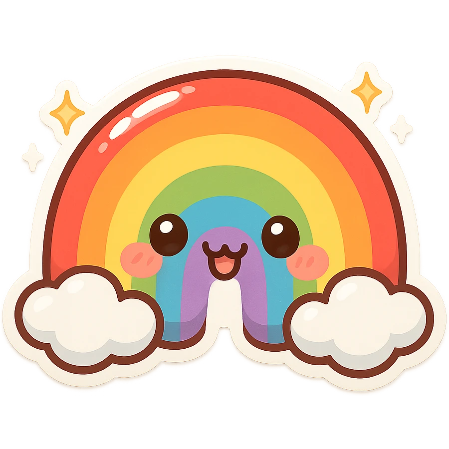 a chubby rainbow with sparkles, glossy finish, playful expression emoji