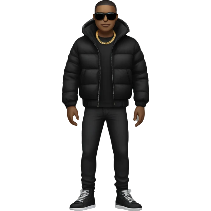  The man is wearing a black puffer jacket, black pants, and black sneakers. He is also wearing sunglasses and has a chain around his neck emoji