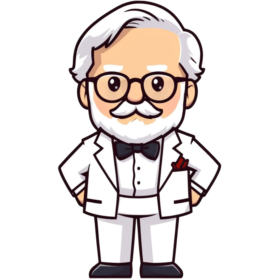 Colonel Sanders KFC, old man with white hair, white goatee, black bow tie, white suit, glasses emoji