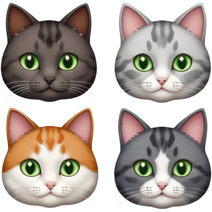 4 different coloured short haired cats including; a dark brown and white cat, and a dark grey and white  emoji