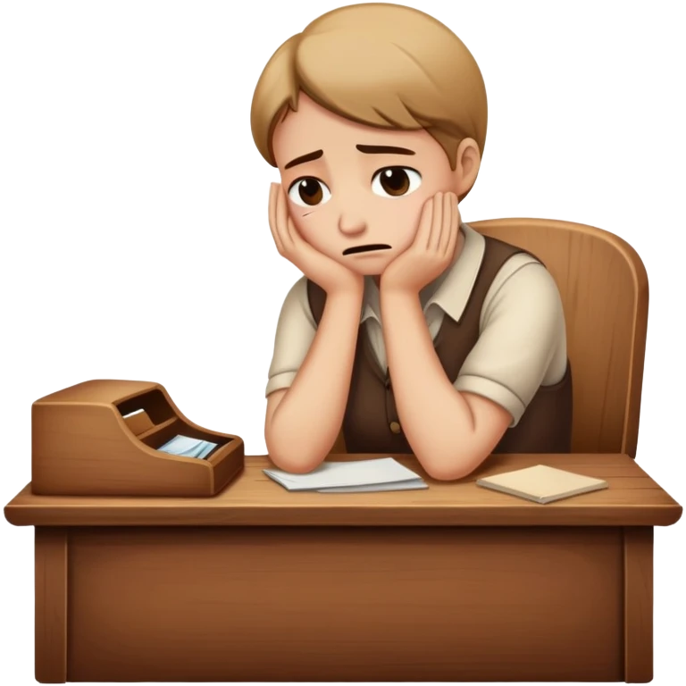 person sitting at a vintage wooden desk crying emoji