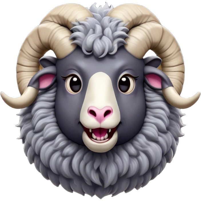 Cinematic Comical Ram Portrait Emoji, Head tilted dramatically with an exaggeratedly amused expression, featuring a striking woolly grey fur with impressively curled horns, wide, expressive dark eyes filled with playful disbelief, Simplified yet hilariously expressive features, highly detailed, glowing with a slightly sassy glow, high shine, dramatic yet playful, stylized with an air of cheeky mischief, bright and endearing, soft glowing outline, capturing the essence of a spirited and over-the-top ram, so meme-worthy it feels like it could butt its way into internet fame instantly! emoji