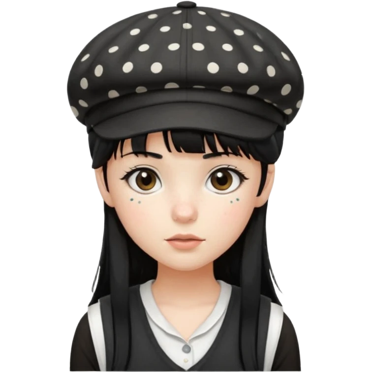 pinterst girl with heavy bang, black long strait hair and black pica dot newsboy cap on her hat, wearing white sleeveless  emoji