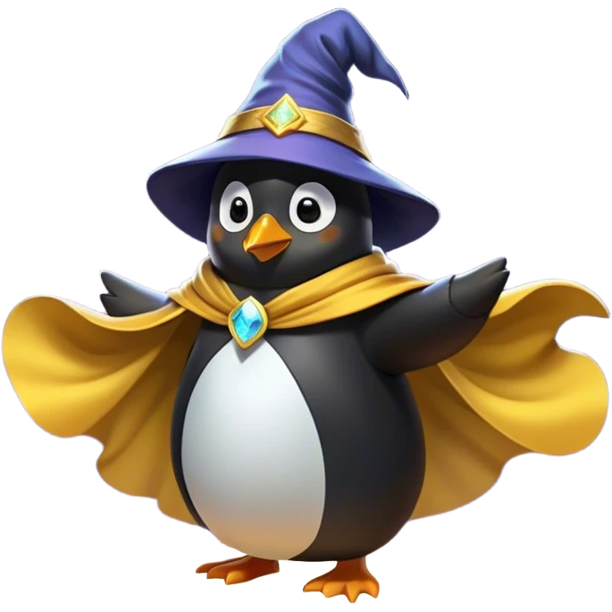"A wizard penguin with a yellow hat and a long, flowing cape. The penguin is floating slightly above the ground, surrounded by swirling magical energy and glowing runes in the airyellow wizard hat emoji