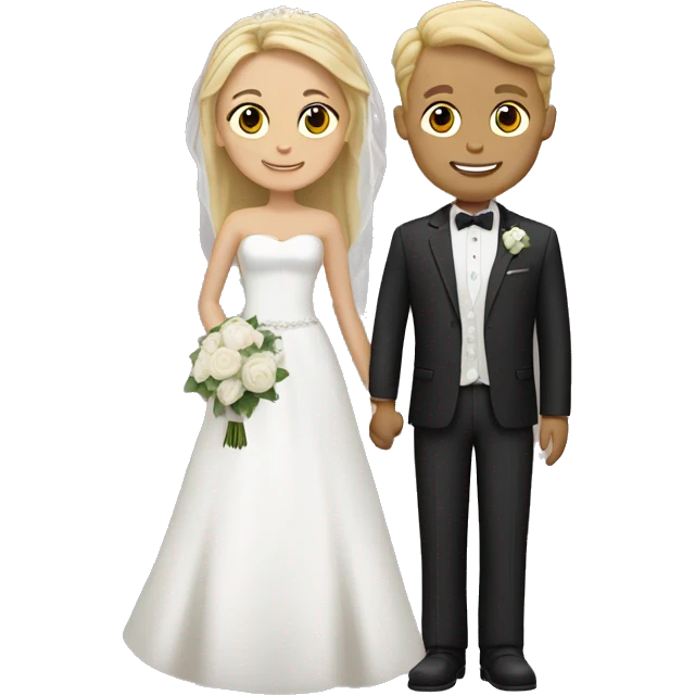 Bride with groom, both have light skin, bride is blond, groom is brown hair emoji